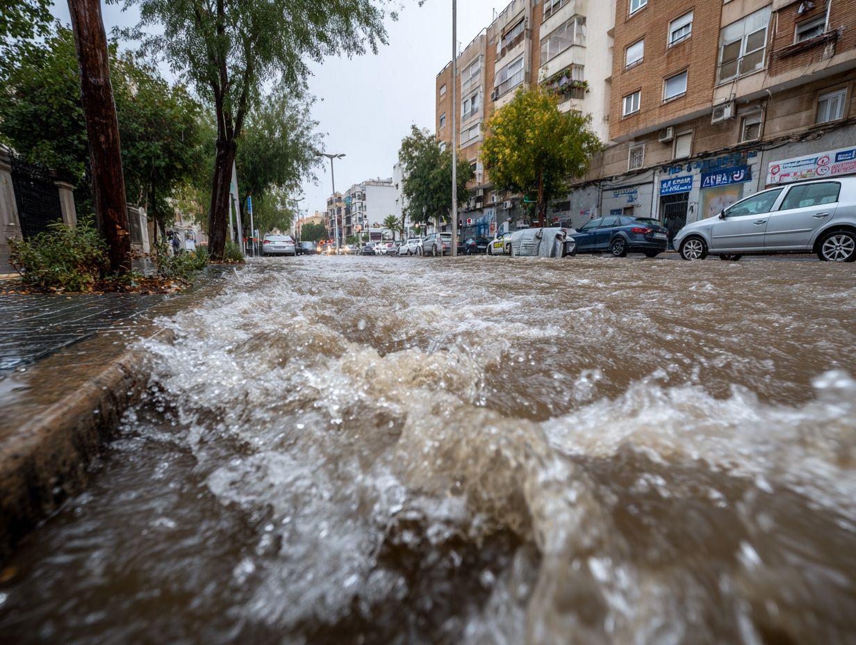 Fotografía de una escena urbana durante lluvia intensa, con agua anegando la calzada y una alcantarilla visible. Puede ser aérea o a nivel de calle. Evitar imágenes de daños graves; el objetivo es transmitir urgencia sin alarmar.